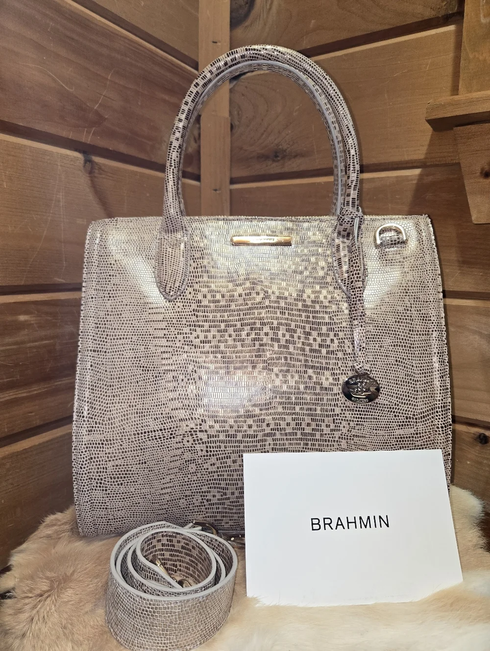 Brahmin Caroline Metallic Lizard-Embossed Satchel NWT